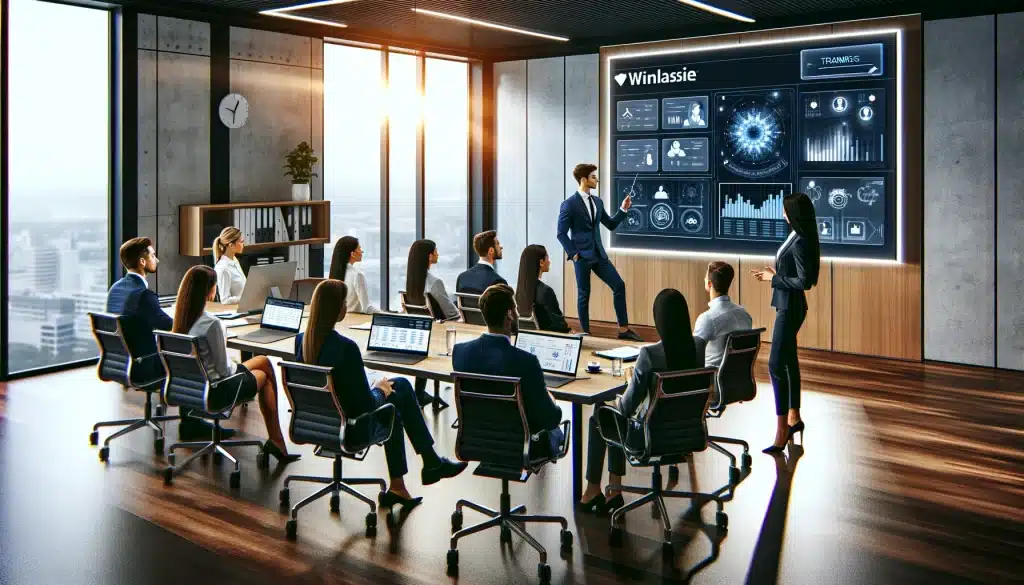 Une équipe de professionnels dans une salle de conférence moderne regarde un grand écran numérique lors d'une formation Winlassie. Un homme, discutant de la récente Certification Qualiopi de Winlassie, fait une présentation tandis que d'autres sont assis, utilisant des ordinateurs portables.